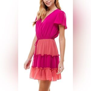 City Studio Pink Tiered Flutter Sleeve Dress - medium